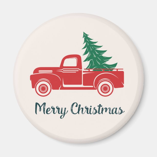 Merry Christmas | Vintage Red Pickup Truck Magnet (Front)