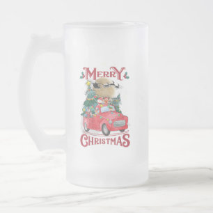 Merry Christmas Vintage Red Santa Truck Frosted Glass Beer Mug