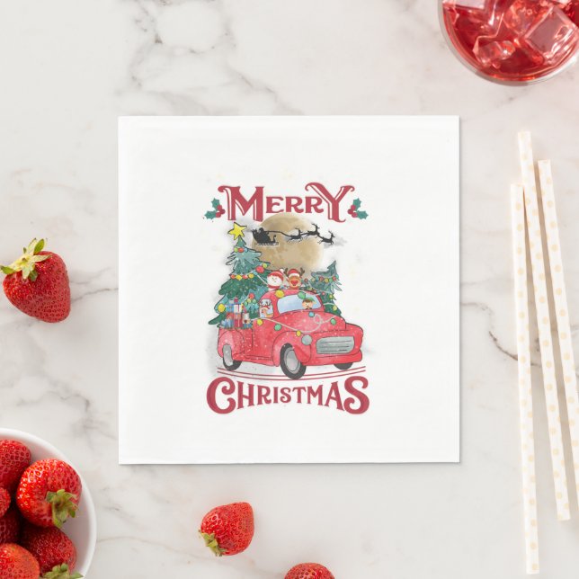 Merry Christmas Vintage Red Santa Truck Napkin (Insitu)