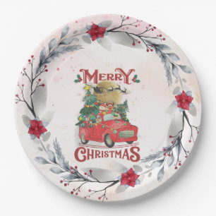 Merry Christmas Vintage Red Santa Truck Paper Plate