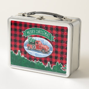 Merry Christmas Vintage Red Truck Buffalo Plaid Metal Lunch Box