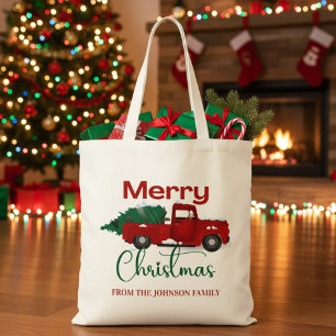 Merry Christmas Vintage Red Truck in Snow Custom Tote Bag