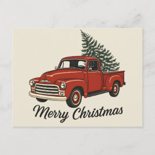 Merry Christmas Vintage Red Truck & Pine Tree Holiday Postcard