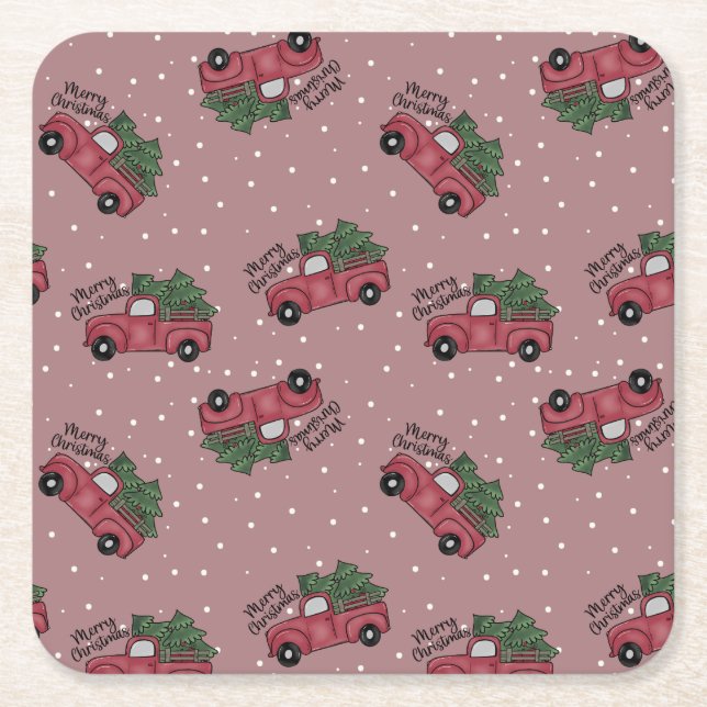 Merry Christmas Vintage Red Truck Square Paper Coaster (Front)