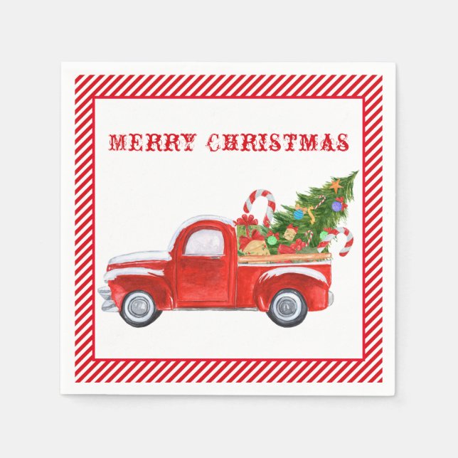 Merry Christmas Vintage Red Truck Stripes Holiday Napkin (Front)