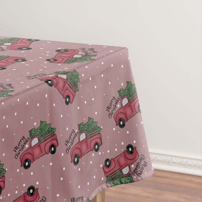 Merry Christmas Vintage Red Truck Tablecloth (In Situ)