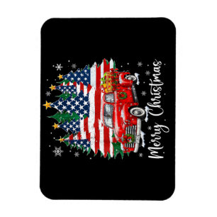 Merry Christmas Vintage Red Truck Us Flag Tree San Magnet