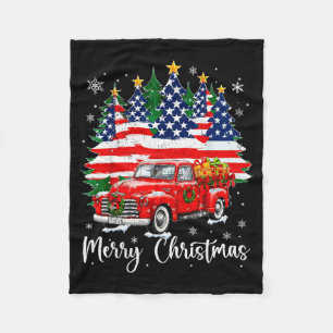 Merry Christmas Vintage Red Truck Us Flag Tree Xma Fleece Blanket