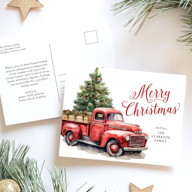 Merry Christmas Vintage Red Truck Watercolor  Holiday Postcard (Creator Uploaded)