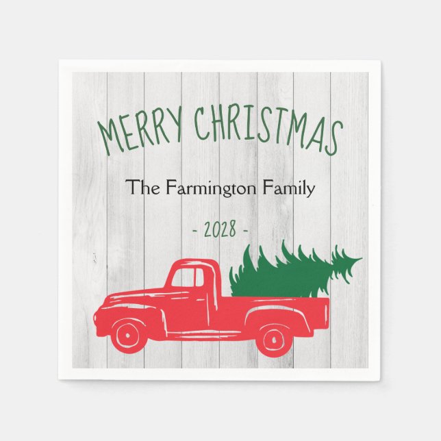 Merry Christmas Vintage Red Truck White Wood  Napkin (Front)