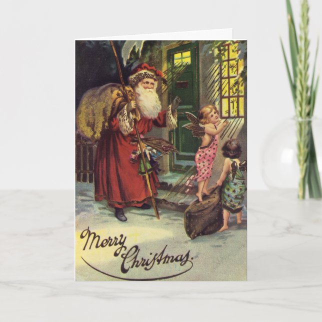 Merry Christmas, Vintage, Santa and Angels Holiday Card (Front)