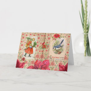 Merry Christmas Vintage Santa and Poinsettia Card
