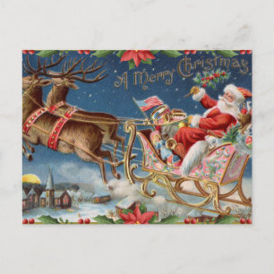 Merry Christmas Vintage Santa Claus on Sleigh  Holiday Postcard