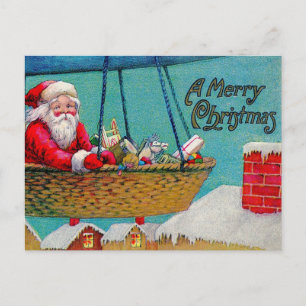 Merry Christmas Vintage Santa in Air Balloon Postcard