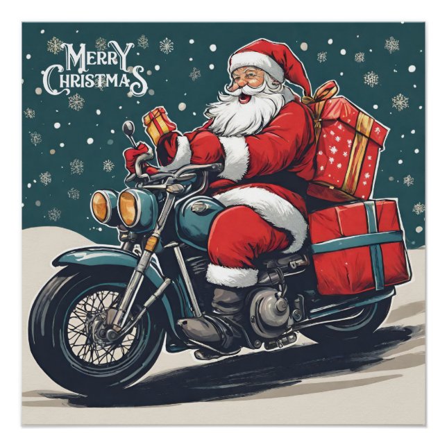 Merry Christmas Vintage Santa on Motorcycle Poster (Front)