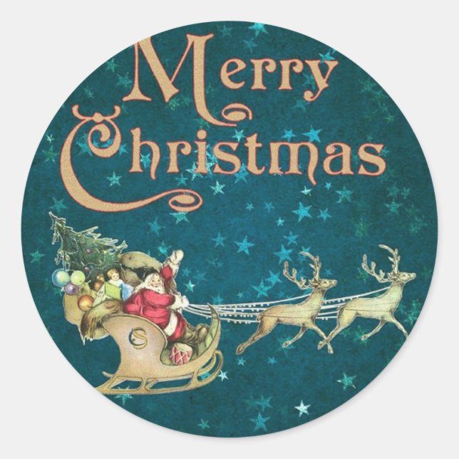 Merry Christmas Vintage Santa/Sleigh  Classic Round Sticker (Front)