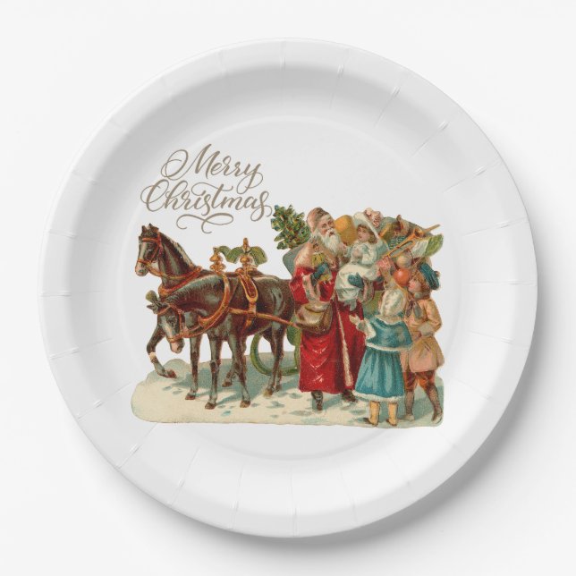 Merry Christmas Vintage Santa with Children  Paper Plate (Front)