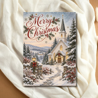 Merry Christmas Vintage Snowy Country Church Holiday Card