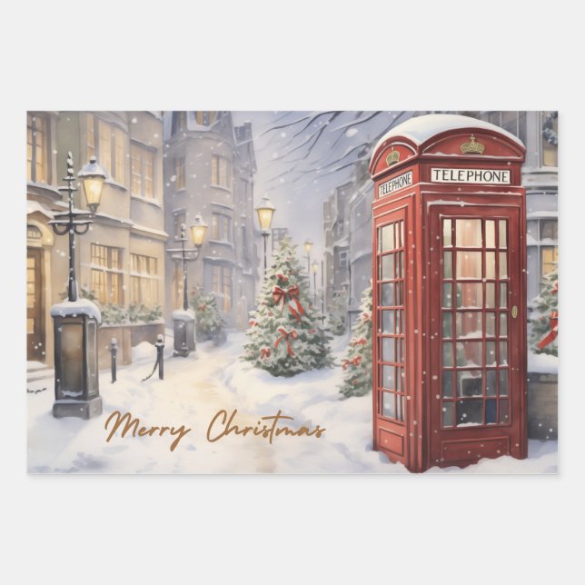 Merry Christmas Vintage Telephone Booth  Wrapping Paper Sheet (Front)