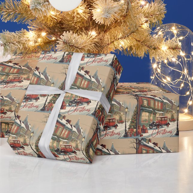 Merry Christmas Vintage Town Illustration  Wrapping Paper (Holidays)