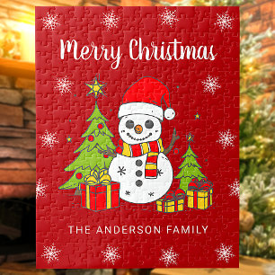 Merry Christmas Vintage Tree Snowman Personalised Jigsaw Puzzle