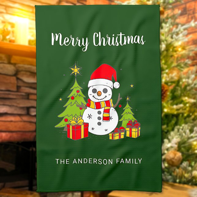 Merry Christmas Vintage Tree Snowman Personalised Tea Towel (Creator Uploaded)