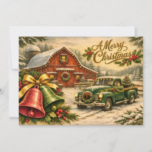 Merry Christmas Vintage Truck, Barn and Bells  Holiday Card