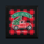 Merry Christmas Vintage Truck Green Buffalo Plaid Gift Box<br><div class="desc">This holiday gift box features a classic red pickup truck with a fresh Christmas tree in the back with a sprinkling of snow on a rustic red and black buffalo check plaid. Above the truck is a green banner which reads "Merry Christmas". Below is a name for you to personalise....</div>