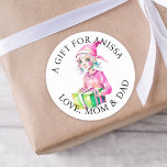 Merry Christmas | Vintage Watercolor Elf  Classic Round Sticker<br><div class="desc">Cute vintage style retro pink female elf stickers to give you a nostalgic feeling.   A gift for personalised to and from gift tags.</div>