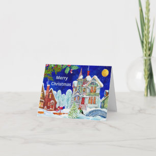 Merry Christmas Vintage Winter Town Illustration Card