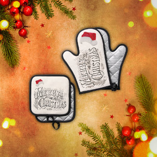 Merry Christmas - Vintage, with Santa Hat Oven Mitt & Pot Holder Set