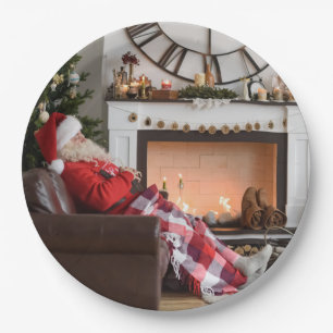 Merry Christmas Warm and Cosy Fireplace Santa Paper Plate