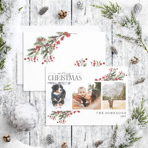 Merry Christmas Warm Red Winter Botanical Photo Ho Holiday Card