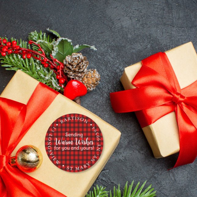 merry Christmas warm wishes Plaid business Classic Round Sticker (Creator Uploaded)