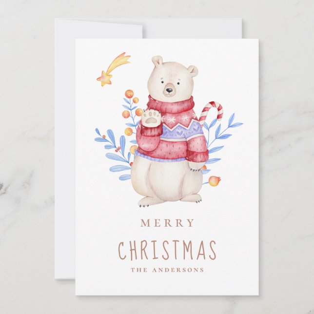 Merry Christmas. Watercolor bear. Cute animal Holiday Card (Front)