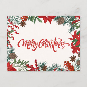Merry Christmas Watercolor Berries, Poinsettia Holiday Postcard