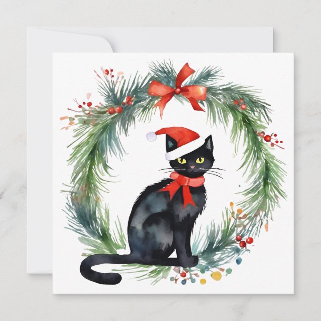 Merry Christmas Watercolor Black Cat and Wreath  Holiday Card (Front)