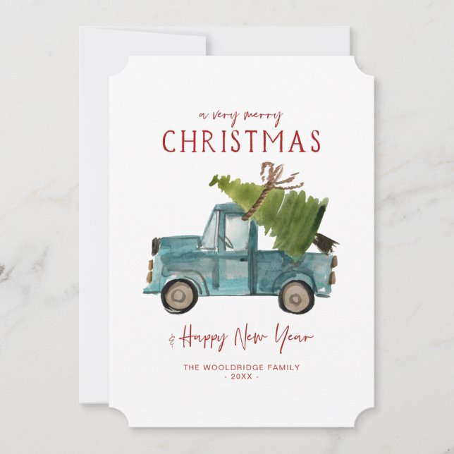 Merry Christmas | Watercolor Blue Truck Holiday Card (Front)