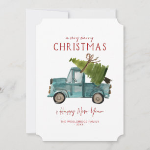 Merry Christmas   Watercolor Blue Truck Holiday Card