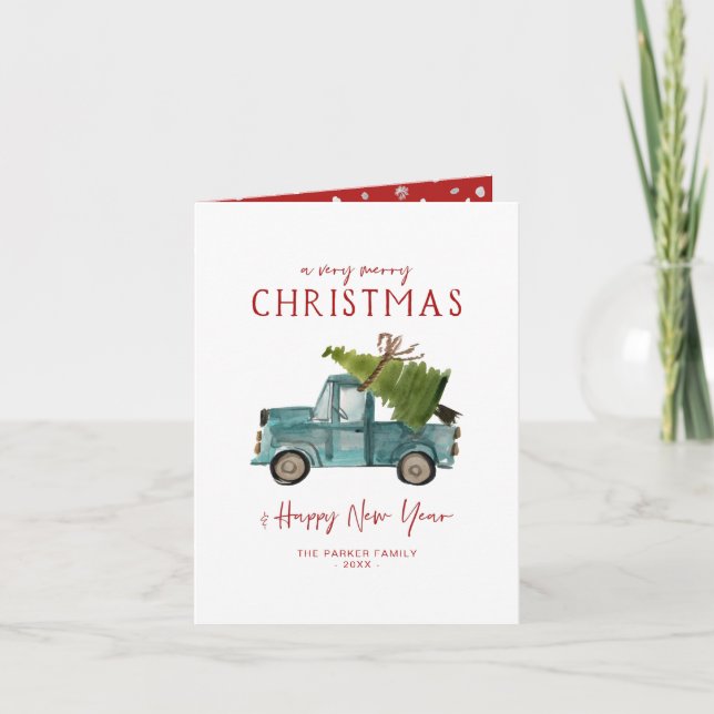 Merry Christmas | Watercolor Blue Truck Holiday Card (Front)