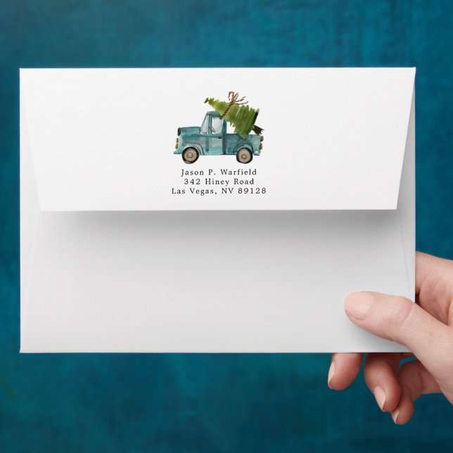 Merry Christmas | Watercolor Blue Truck Holiday Envelope (Hand)