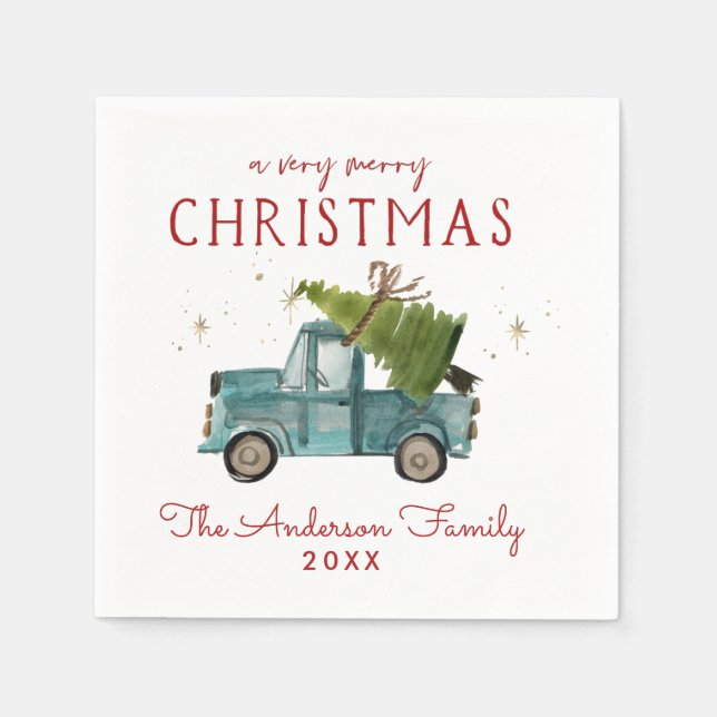 Merry Christmas | Watercolor Blue Truck Holiday Napkin (Front)