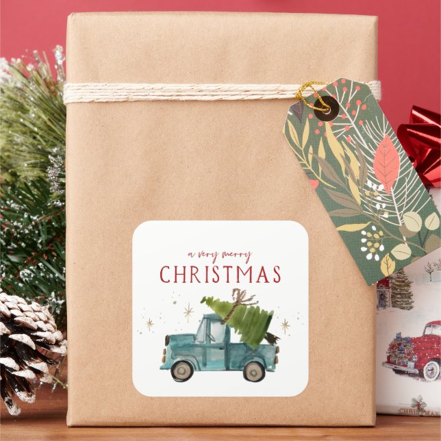 Merry Christmas | Watercolor Blue Truck Holiday Square Sticker (Holiday)