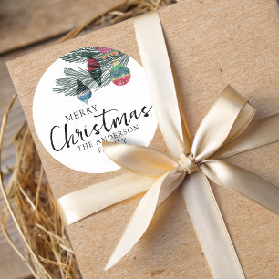 Merry Christmas Watercolor Botancial  Classic Round Sticker