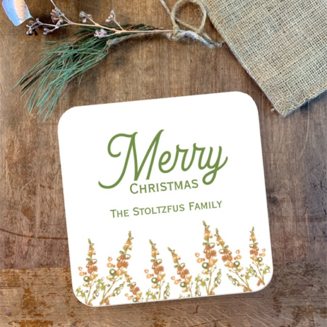 Merry Christmas Watercolor Botanical Custom Name  Square Sticker (Add your name and customize these original watercolor painted green tan dried flower holiday sticker)