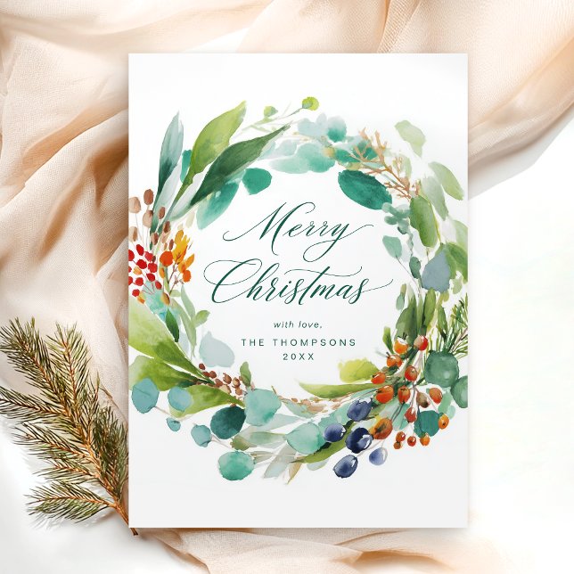 Merry Christmas Watercolor Botanical Holiday Card (Creator Uploaded)