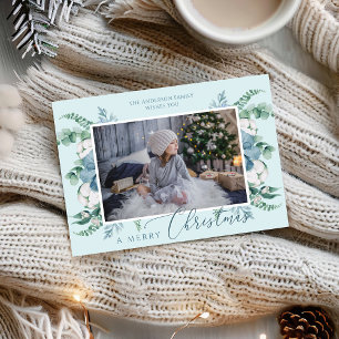 Merry Christmas Watercolor Botanical Holiday Photo Card