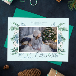 Merry Christmas Watercolor Botanical Holiday Photo Card