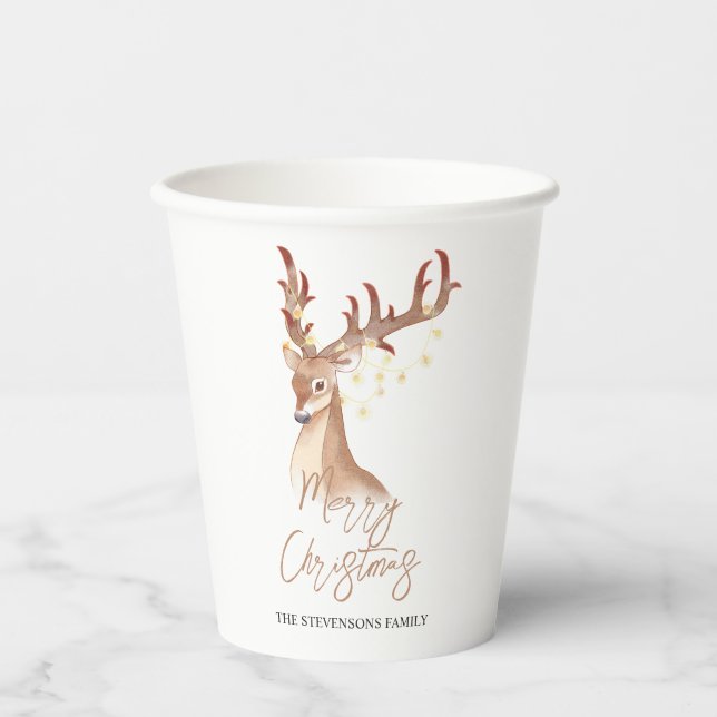 Merry Christmas Watercolor Brown Deer Elegant Chic Paper Cups (Front)