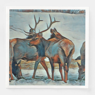 Merry Christmas Watercolor Bull Elk Napkin